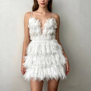 Sexy deep V-neck white mini dress with layered feathers and thin silver glitter straps