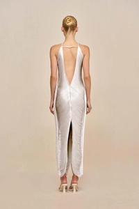 Deep V backless silver tassel dress with sparkling fringe details and floor length hem