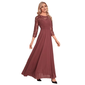 Elegant slim fit lace evening dress in deep red featuring high waist and chiffon skirt