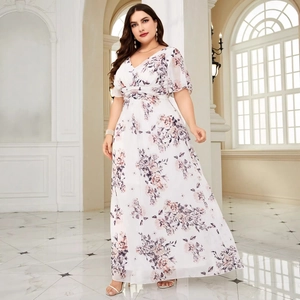 Women Plus Size Floral Print Maxi Dress V Neck Flutter Sleeve High Waist Chiffon Dress For Wedding Banquet Party Elegant