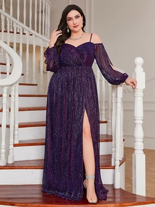 Detailed view of dark purple sequin gown featuring a high slit and cold-shoulder sleeves