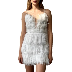 Sexy deep V-neck white feather mini dress with shimmering straps for party wear