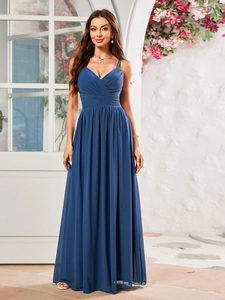 Detailed view of dark blue chiffon maxi dress with elegant v-neck and pleated waist