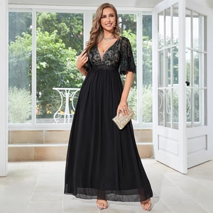 Elegante Abito Da Sera Nero Con Scollo A V In Pizzo Patchwork Mezza Manica Chiffon Maxi Abito Per Banchetto Formale Festa Donna