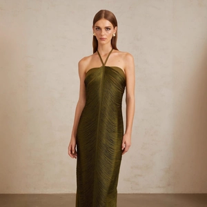 Robe Longue Sexy pour Femmes Dos Nu Halter Sans Manches à Glands Couleur Unie Élégante pour Soirée Banquet Fête Femme