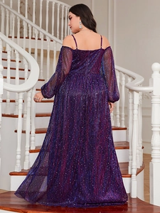 Detail of sequined purple evening gown showing cold-shoulder design and floor-length fabric