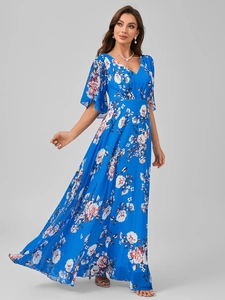 Detail of V-neck floral print evening dress with ruffled sleeves and lightweight fabric