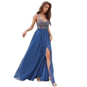 Robe longue bleu marine élégante avec bustier pailleté et fente haute pour soirée