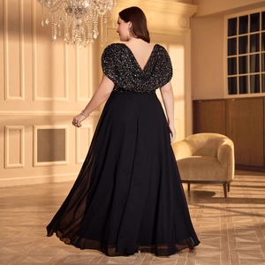 Elegant plus size black V-neck sequined evening gown with a flowing chiffon A-line skirt