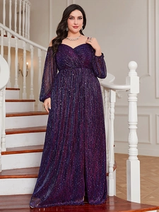 Detailed view of shimmering purple gradient fabric on this plus size long evening gown