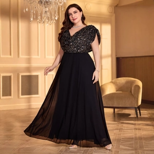 Elegant plus size black evening gown with sequined V-neck bodice and long chiffon skirt