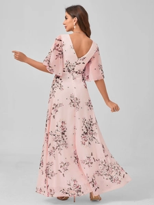 Detailed back view of a pink floral V-neck maxi dress with ruffled butterfly sleeves