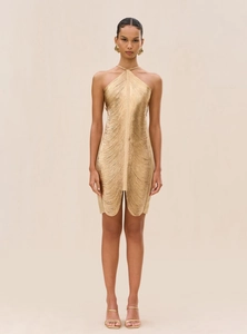 Robe courte dorée dos nu à franges avec décolleté en V profond et coupe ajustée élégante