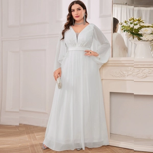 Damen Abendkleid In Übergröße Mit V-Ausschnitt Spitzenstickerei Umhangärmel Bodenlanges Weißes Chiffon Maxi-Kleid Für Bankett Party