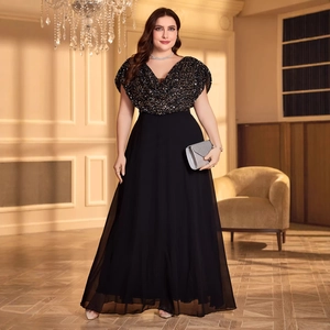 Elegant plus size black V-neck evening gown with sequined bodice and flowing maxi skirt