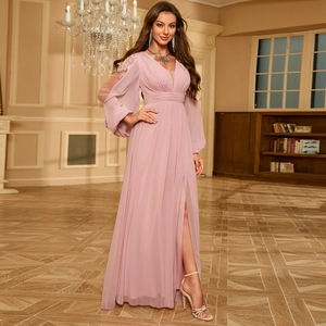 Robe de Soirée Élégante Vieux Rose Col en V Manches Longues Coupe Ajustée Fente Haute Paillettes Robe Maxi Pour Mariage Banquet Fête