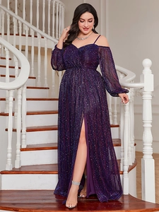 Detail of sequined purple evening dress with spaghetti straps and high slit design