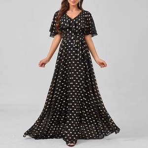 Abito da Sera Maxi da Donna Elegante Scollo a V Pois Dorati Manica a Volant Vita Alta Slim Linea A Vestito da Festa Prom