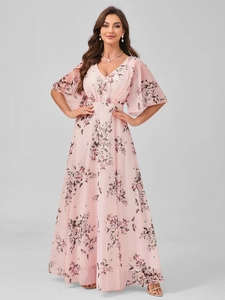 Close-up of pink floral maxi dress featuring V-neckline and soft ruffled sleeves