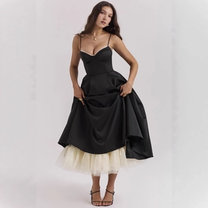 Robe Midi Corset en Satin Élégante pour Femme Col en V Sans Manches Bretelles Spaghetti Jupe Trapèze Bouffante Robe de Soirée de Banquet