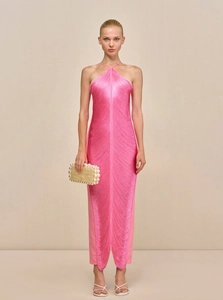 Pink halter neck maxi dress with full fringe tassels and deep V-back for party wear