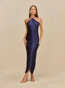 Elegant navy blue halter maxi dress with fringe tassels and front slit for party wear