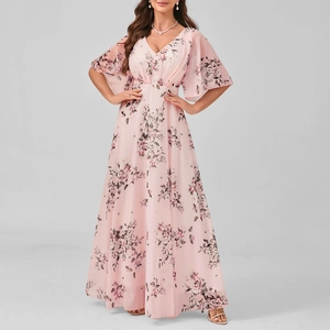 Detail of floral V-neck maxi dress featuring ruffled sleeves and light pink chiffon fabric