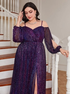 Detail of purple sequin evening dress featuring off-shoulder lantern sleeves and high slit