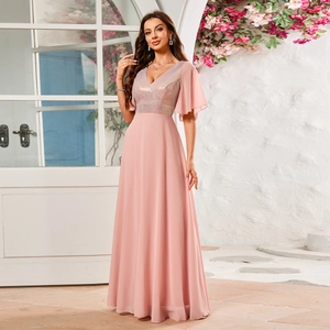 Elegant V-neck pink evening gown with sequined bodice and flowing long chiffon skirt
