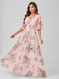 Detailed view of pink floral chiffon maxi dress with V-neck and flutter sleeves