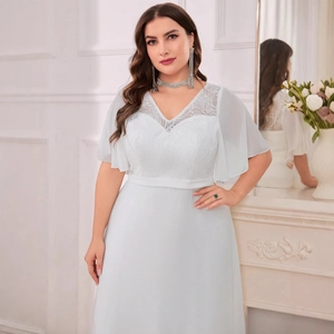 Elegant plus size light blue V-neck evening gown with lace details and butterfly sleeves