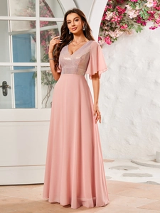 Detail of elegant pink V-neck evening dress featuring sequined bodice and flutter sleeves
