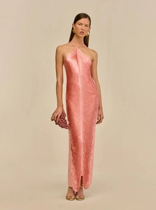 Pink halter neck maxi dress with flowing fringe and backless design for parties