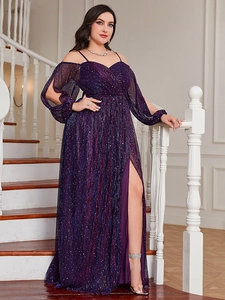 Detail of sequined purple evening gown featuring bubble sleeves and sexy high side slit
