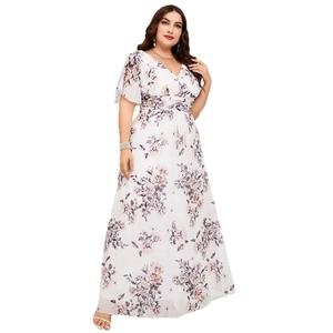 Elegant plus size white maxi dress with purple floral print and ruffle V-neckline
