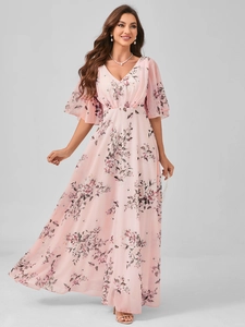 Detail of pink floral maxi dress with deep V-neck, flared sleeves and pleated chiffon fabric