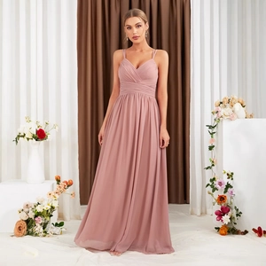 Women Elegant V Neck Pleated Maxi Dress Sleeveless Chiffon Backless Evening Gown Dusty Rose Blue Party Formal Dress