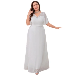 Elegant plus size white V-neck evening gown with lace embroidery and chiffon floor-length skirt