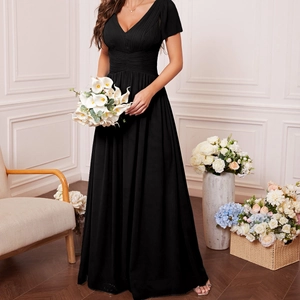 Elegant V Neck Pleated Evening Dress Short Sleeve Slim Fit A Line Maxi Gown For Wedding Party Bridesmaid Women Clothing