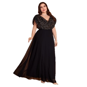 Elegant plus size black evening gown with V-neck sequined bodice and long chiffon skirt