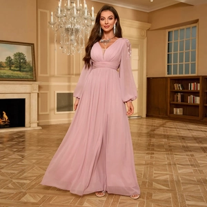 Robe de soirée élégante rose pâle à col en V avec manches lanternes à paillettes et taille plissée