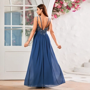Elegant navy blue backless maxi dress with delicate lace embroidery and pleated skirt