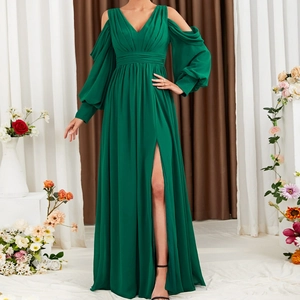 Elegant Smaragdgrün V-Ausschnitt Schulterfrei Abendkleid Für Damen Hoher Schlitz Laternenärmel Plissee Maxi Partykleid