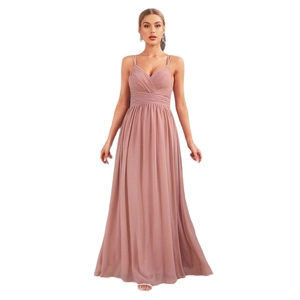 Elegant dusty rose V-neck evening dress with pleated bodice and long chiffon skirt