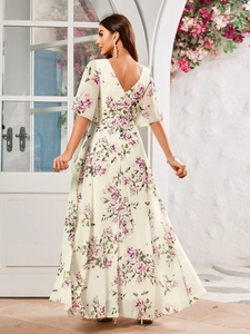 Elegant floral chiffon maxi dress featuring an open V-back design and ruffled bell sleeves