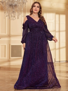Elegant plus size purple sequin evening gown with cold shoulder sleeves and V-neckline