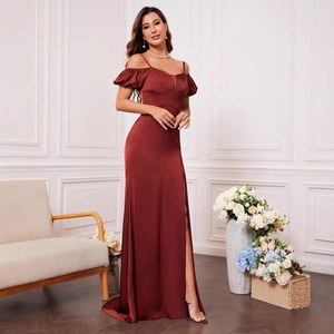 Elegant wine red satin evening gown with off-shoulder sleeves and high side slit