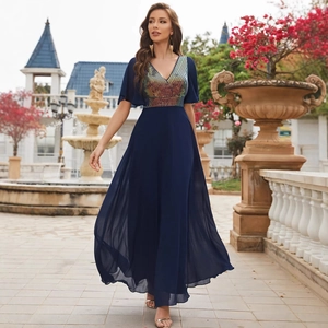 Elegant V-Neck Sequin Flutter Sleeve Chiffon Maxi Dress For Women Wedding Party Evening Gown Formal Prom Dress