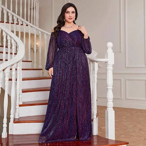 Elegant plus size purple sequin evening gown with long sleeves and off-shoulder V-neck design