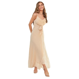 Elegant champagne satin maxi dress with spaghetti straps and pleated bust detail